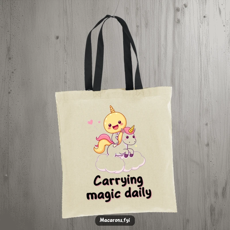 Funny Tote Bag with a macaron character riding a unicorn through candy clouds, perfect for carrying daily items with a touch of magic.