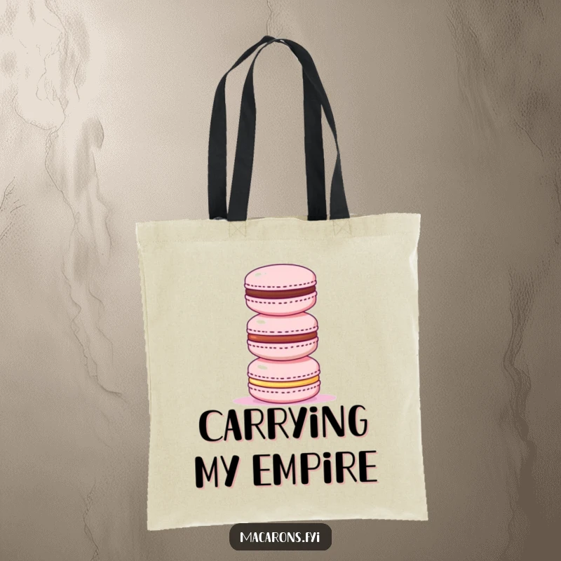 Funny tote bag illustrating a triumphant macaron proudly presenting a towering stack of three smaller macarons, a symbol of accomplishment.