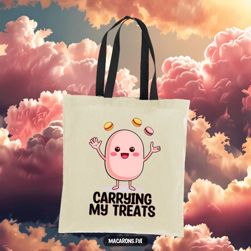 Funny cheerful macaron character juggling small macarons, depicted on a durable and charming tote bag.