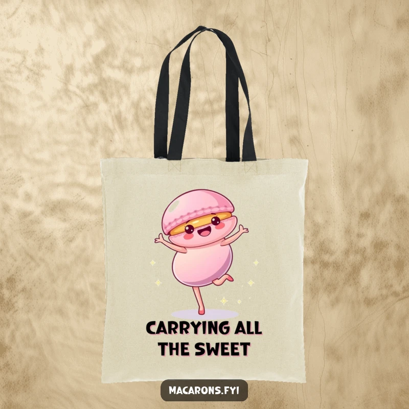 Funny Tote Bag with a cartwheeling macaron design, showing off its acrobatic skills and sparkling trail, ideal for carrying daily items.