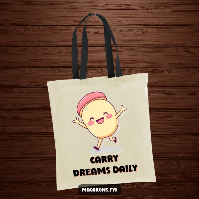 Funny macaron character performing a cartwheel with a huge grin, designed for a humorous and stylish tote bag.