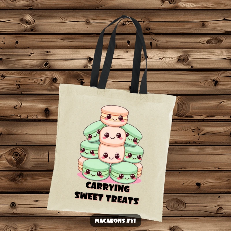 Funny macadamia nut tote bag displaying a pyramid of happy macarons, one teetering precariously, perfect for carrying sweet treats.