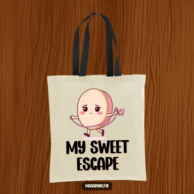 Funny macaron character determinedly skipping rope with a licorice lace, featured on a durable and stylish tote bag for everyday use.