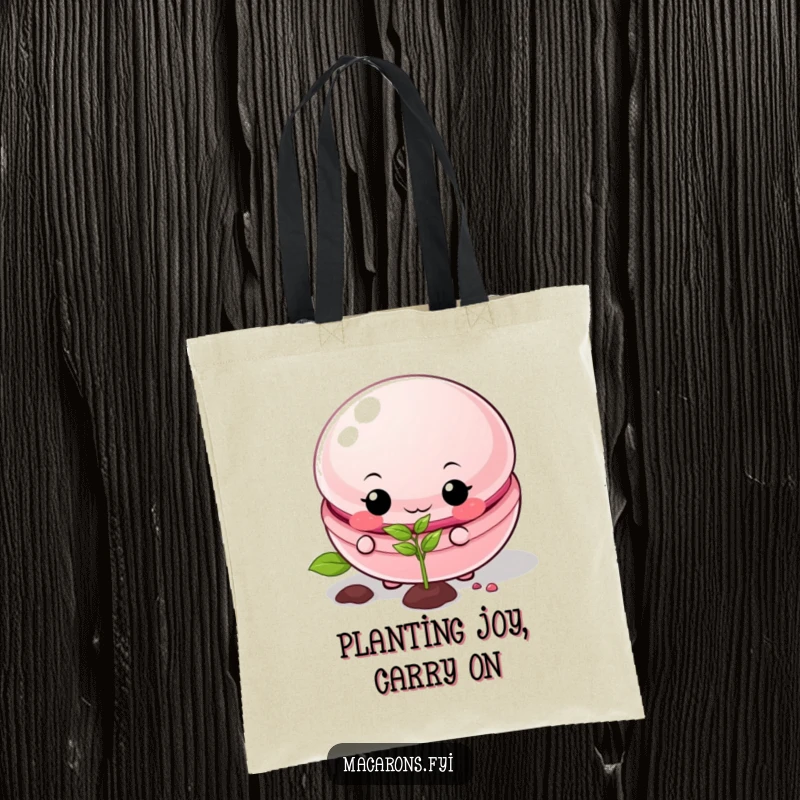 Funny macaron tote bag with a mischievous macaron character planting a seed, great for shopping and humor.