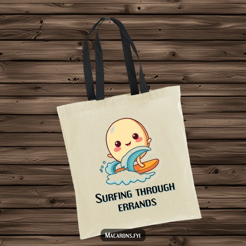 Funny happy macaron character surfing on a small wave, printed on a durable tote bag for beach trips and everyday use.